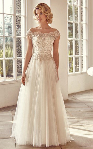 A-line Off-the-shoulder Cap-Sleeves Floor-length Tulle Wedding Dress with Illusion and Beading