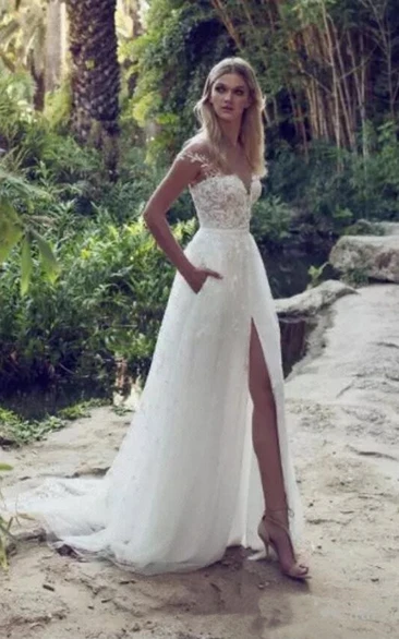 Ethereal A-Line Illusion Off Shoulder Slit Sweep Train Backless Garden Bridal Dresses with Appliques