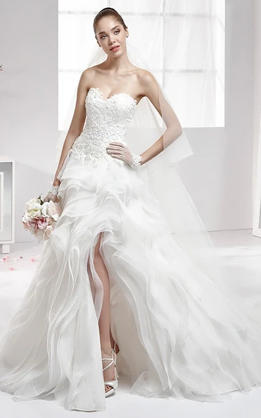 A-line Sweetheart Sleeveless Floor-length Organza Wedding Dress with Split Front and Ruffles