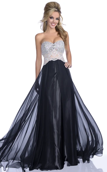 A-line Sweetheart Sleeveless Floor-length Chiffon Evening Dress with Low-V Back and Crystal Detailing