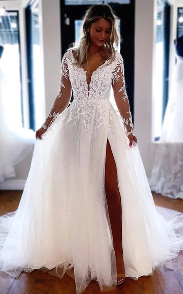V-neck Notched Illusion Long Sleeve Empire A-line Front Split Wedding Dress