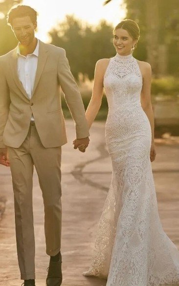 Elegant Lace High-neck Sheath Boho Vintage Keyhole Wedding Dress