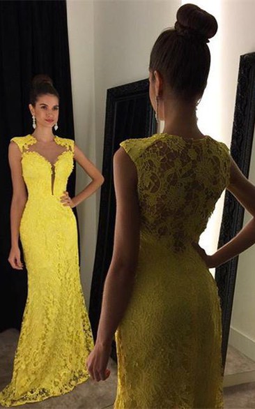 Delicate Yellow Lace Prom Dress Mermaid Sweep Train