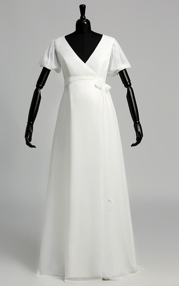 V-neck Short Sleeve Empire Maternity Ruffles Sash Ribbon Wedding Dress