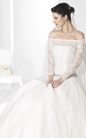 A-line Off-the-shoulder Long Sleeve Floor-length Chiffon Wedding Dress with Illusion and Waist Jewellery
