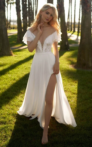 Sexy Plunged Summer Front Split Chiffon Wedding Dress with Lace Top