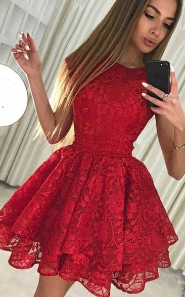 Jewel Lace Short Sleeve Short Homecoming Dress with Bow and Petals