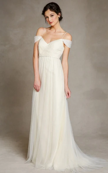 Spaghetti-strap Off-the-shoulder Tulle Floor-length Dress With Deep-V Back