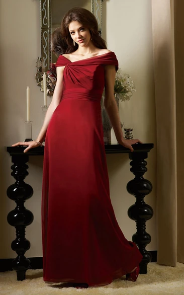 A-line Off-the-shoulder Cap-Sleeve Floor-length Chiffon Bridesmaid Dress with Low-V Back and Ruching