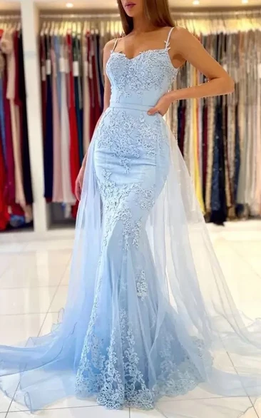 Casual Mermaid Lace Sleeveless Brush Train Button Prom Dress with Removable Skirt