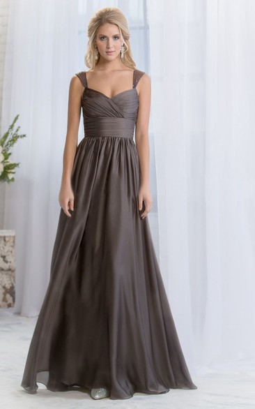 A-line Queen Anne Sleeveless Floor-length Chiffon Bridesmaid Dress with Low-V Back and Ruching