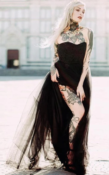Black Gothic Sweetheart A Line Tulle/Satin Wedding Dress with Appliques and Front Slit
