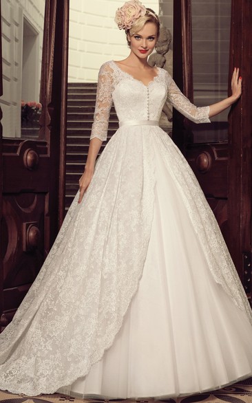 Modern Ball Gown Scalloped Tulle Floor-length Half Sleeve Wedding Dress with Ruching