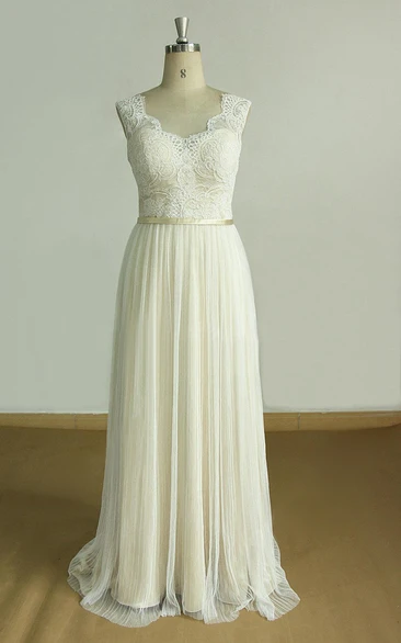 A-Line Tulle Lace Satin Weddig Dress With Pleats
