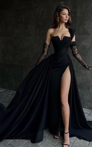Black Sexy Sweetheart Front Split A-line Formal Chiffon Prom Dress