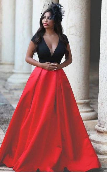 Sexy Balack and Red Short Sleeve Evening Dresses Taffeta A-Line Evening Party Gown
