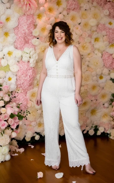 Plus Size V Neck Casual Wedding Jumpsuit with Beading
