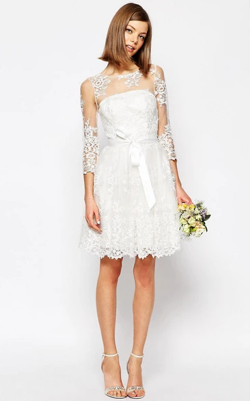 Bateau Long Sleeve Lace short Wedding Dress With Illusion And bow
