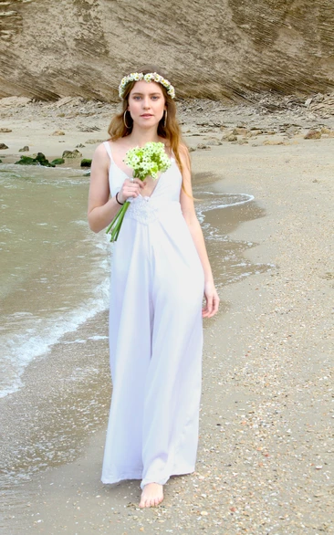 Straps Boho Beach Thin Satin Crepe Wide Leg Bridal Jumpsuit