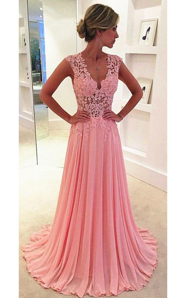 Lace Long Chiffon Pink Beautiful Prom Dress