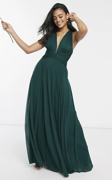 Sexy Sleeveless Plunging Neckline Bridesmaid Dress With Ruching And Straps Back
