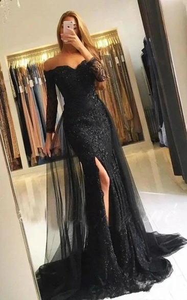 Off-the-shoulder LacenTulle 3/4 Length Sleeve Floor-length Sweep Train Prom Dress