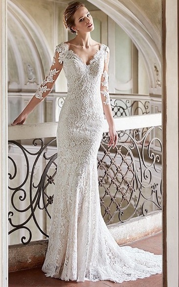 Sheath V-neck 3-4-sleeve Backless Lace Wedding Dress With Sweep Train
