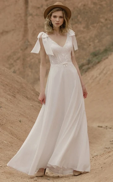 V-neck Chiffon Summer Bow Empire Floor-length Wedding Dress