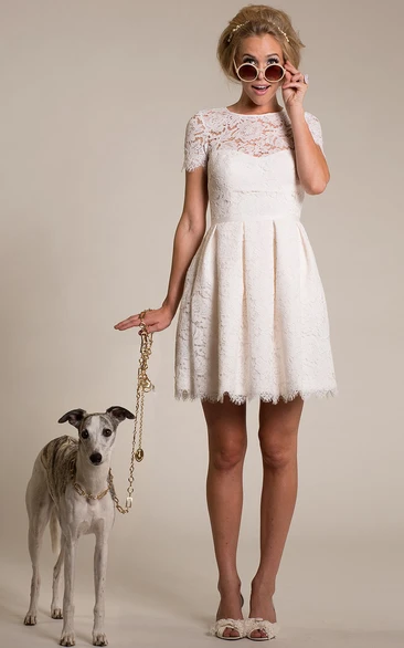 Scoop-neck Short Sleeve Lace Wedding Dress With Illusion