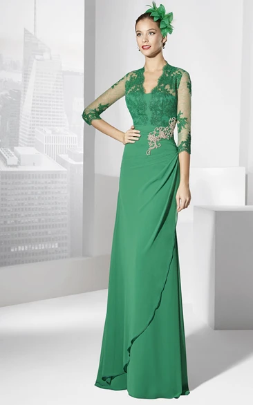 Sheath V-neck 3/4 Length Sleeves Floor-length Jersey Mother of the Bride Dress with Illusion and Appliques