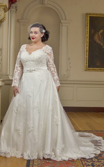 A-line V-neck Long Sleeve Floor-length Lace Wedding Dress with Corset Back and Waist Jewellery