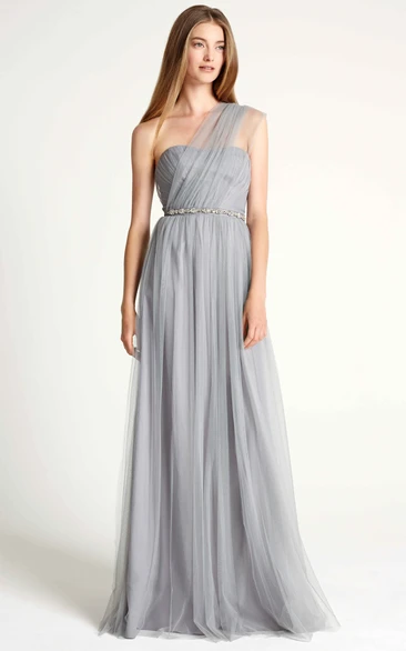 One-shoulder Tulle Pleated Bridesmaid Dress With Embellished Waist 