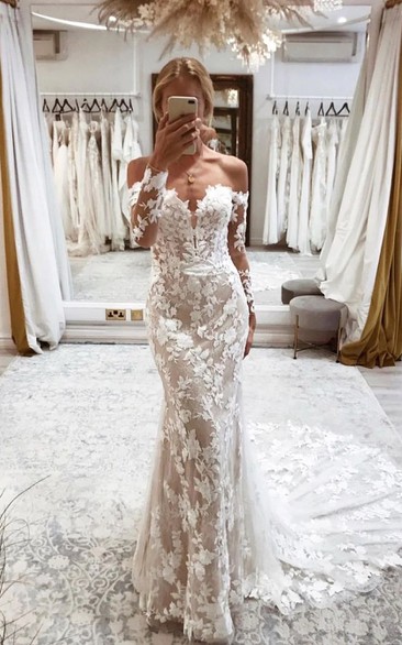 Off-the-shoulder Mermaid Sheath Lace Illusion Long Sleeve Wedding Dress