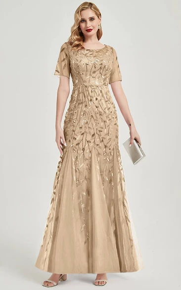 Champagne Half-sleeve Sheath Floor-length Sequin Beaded MOB Party Dress