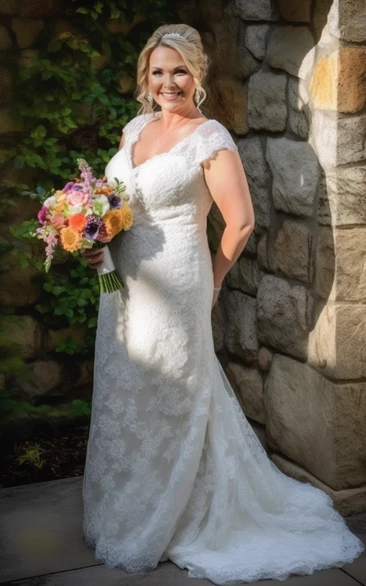 V-neck Cap Plus Size Curvy Lace Applique Sheath Wedding Dress