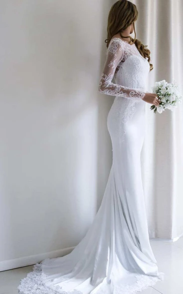 Bateau Lace Long Sleeve Sheath Chiffon Wedding Dress With Sweep Train