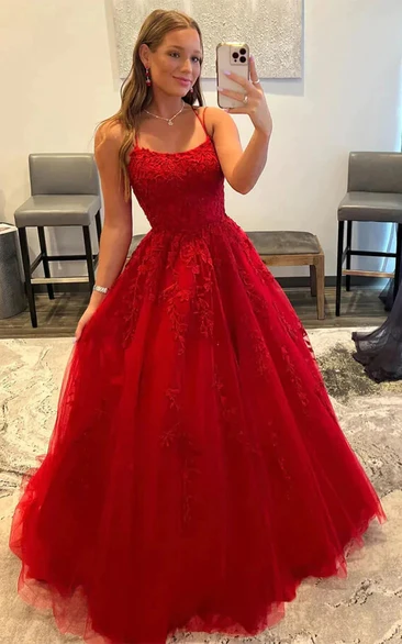 Spaghetti Red Ball Gown Lace A-line Tulle Prom Dress