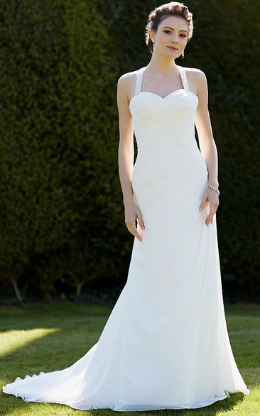 Trumpet Halter Sleeveless Floor-length Chiffon Wedding Dress with Keyhole and Criss Cross