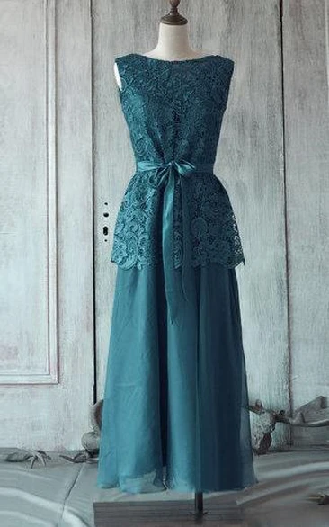 Pleated Lace Top Satin Sash Sleeveless Bateau-Neck Tea-Length Gown