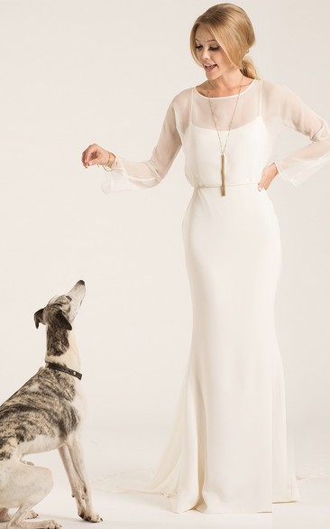 Scoop-neck Long Sleeve Sheath Dress With Low-V Back And Sweep Train