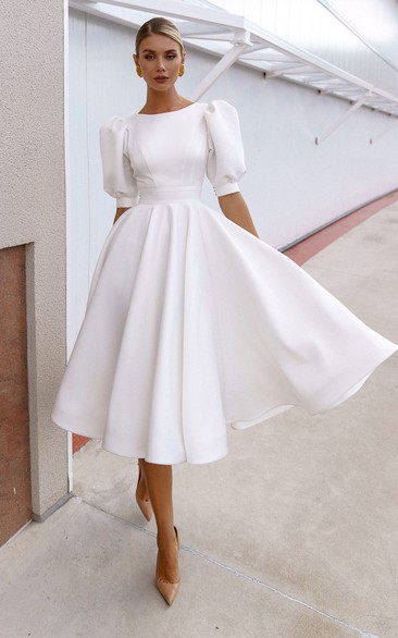 Elegant Satin Sheer Puff Sleeve Tea Length A Line Wedding Dress