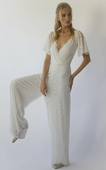 Ivory Bohemian butterfly sleeves bridal Lace Jumpsuit Bridal Romper