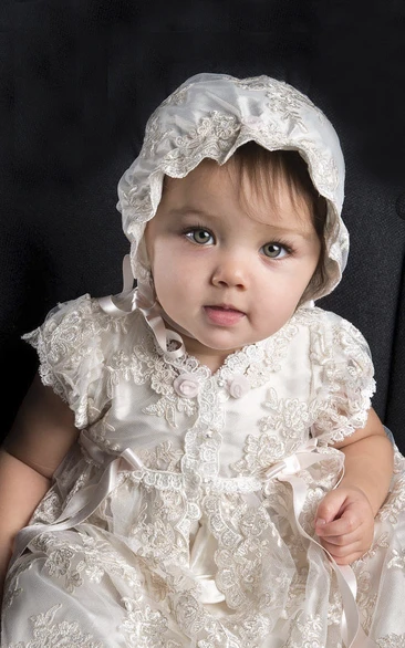 Delicate Lace Christening Gown With Appliques And Ribbons