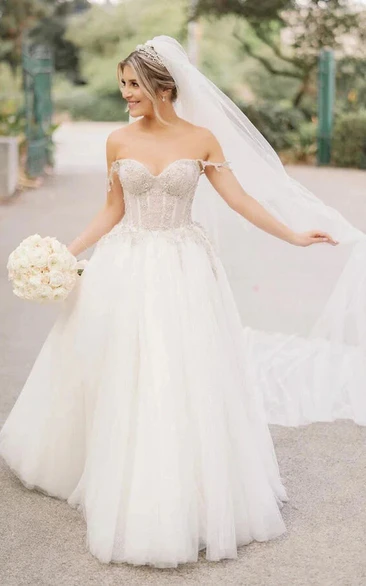 Casual Off-the-shoulder A-line Tulle Wedding Dress with Beaded Top
