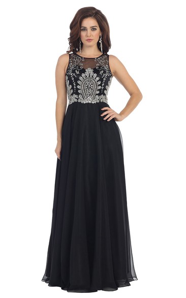 Scoop-neck Sleeveless Chiffon A-line Dress With Beading And Illusion top
