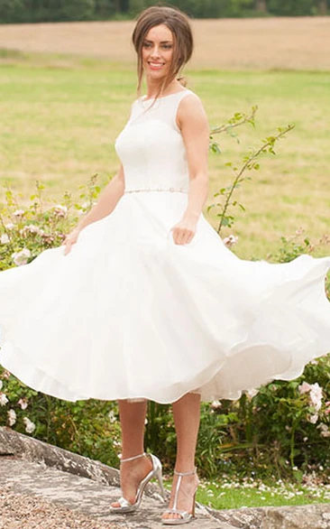 Bateau Sleeveless Tea-length Wedding Dress With Ruffled hemline