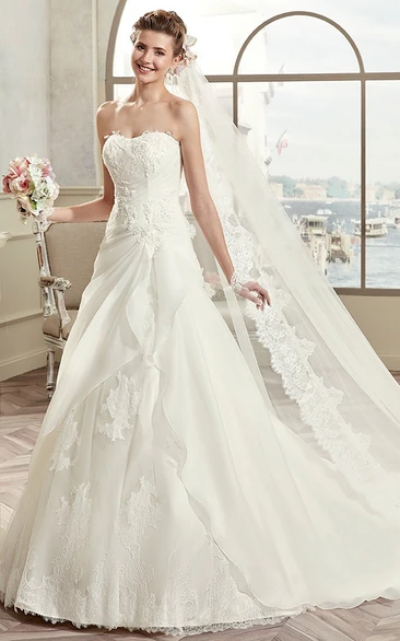 A-line Sweetheart Sleeveless Floor-length Lace Wedding Dress with Lace-up and Draping