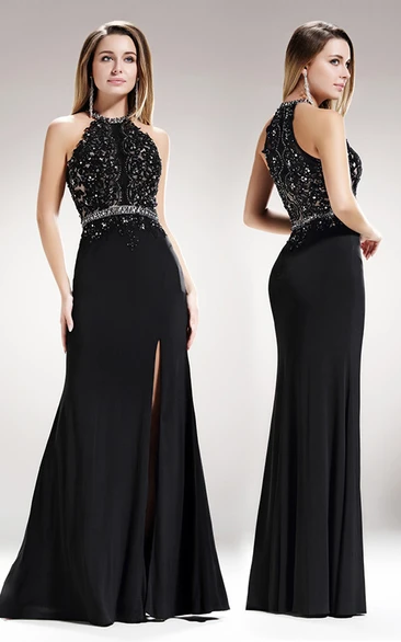 Sheath High Neck Sleeveless Floor-length Jersey Prom Dress with Beading and Split Front