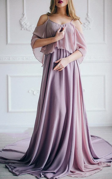 Spaghetti-strap Off-the-shoulder A-line Chiffon Long Dress With Court Train