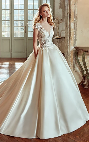 Bateau Cap-sleeve A-line Satin Ball Gown With Appliques And Illusion